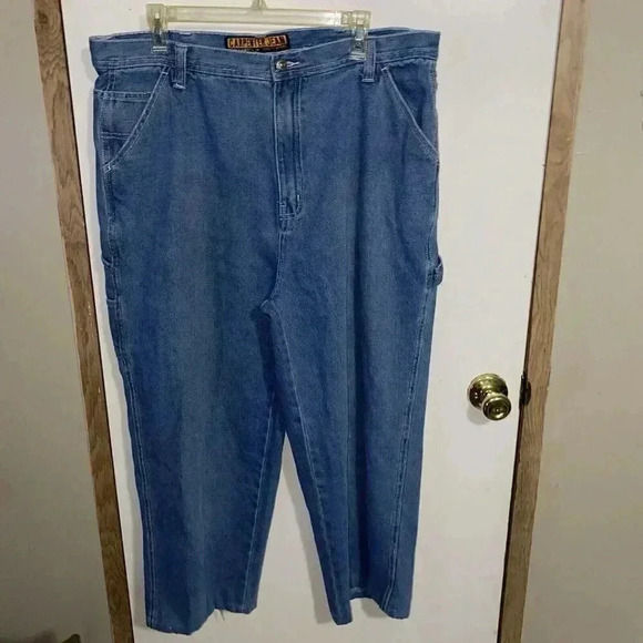 Steve Barry Carpenter Jeans Men Sz 38x34 Blue Denim Relaxed Fit HAND CUT - Picture 3 of 4